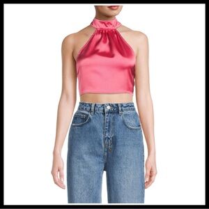 WeWoreWhat Hot Pink Satin Halter Crop Top
